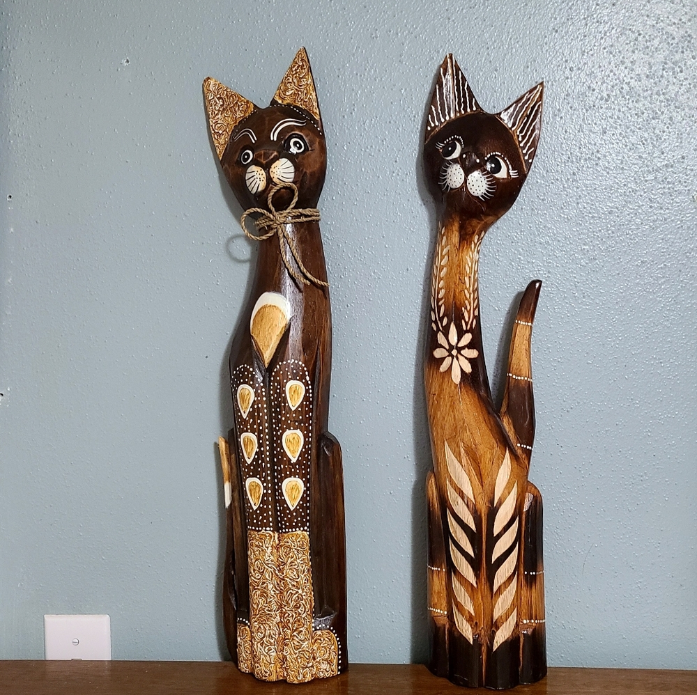 Two Carved Wood Cats Wall Art